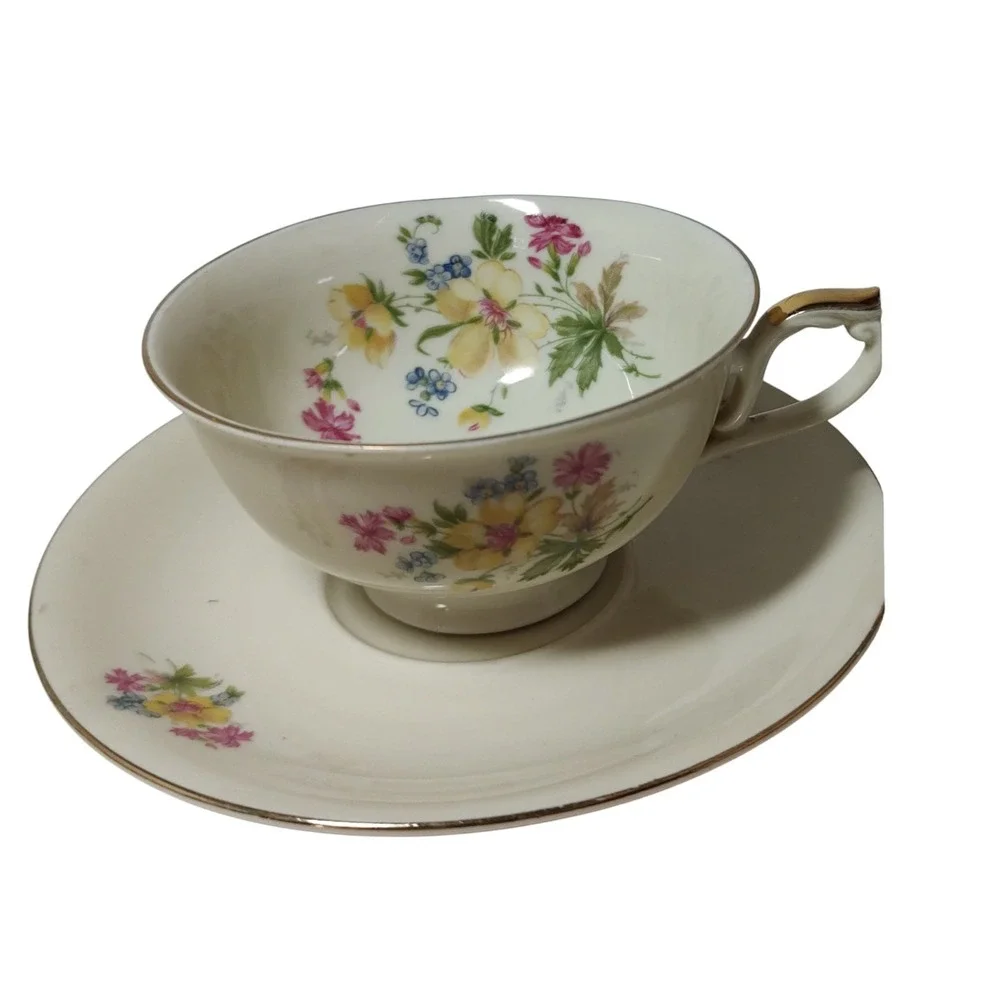 Vintage Bavaria Teacup Saucer Dessert Plate Set Floral Gold Trim Set of‎ Three
